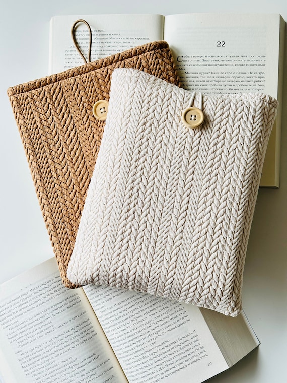 Beige & Brown Knitting Pattern Book Sleeve, Padded Book Protector, Book Pouch With Button Closure, Book Cover, Book Accessories, Book Bag