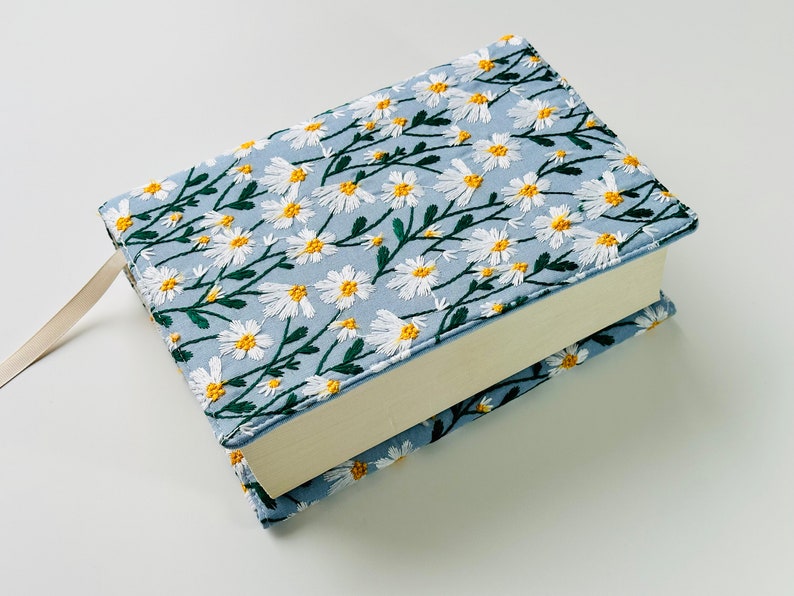 Embroidered Daisies Book Cover, Daisies Book Pouch, Custom Size Book Jacket, Adjustable Book Protector, Padded Book Cover, Book Lover Gift image 1