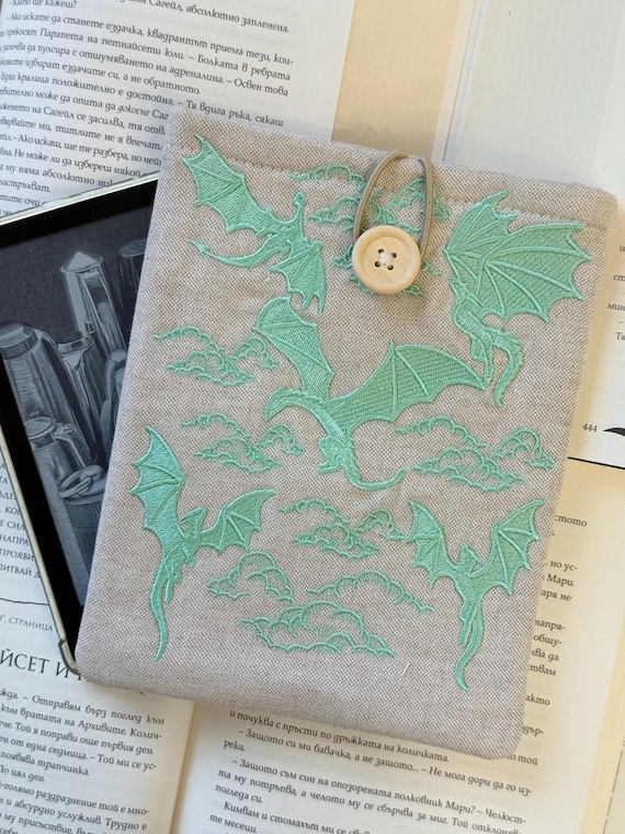 Fantasy Dragons Embroidery Sleeve – Padded Kindle & E-Reader Cover – Handmade Fabric Protector – Gift for Bookworms
