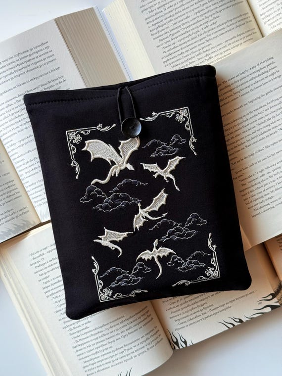 Dragons in the Sky Embroidery Book Sleeve, Dragon Wars Padded Book Protector, Unique Design Embroidery Book Cover, Embroidery Book Pouch