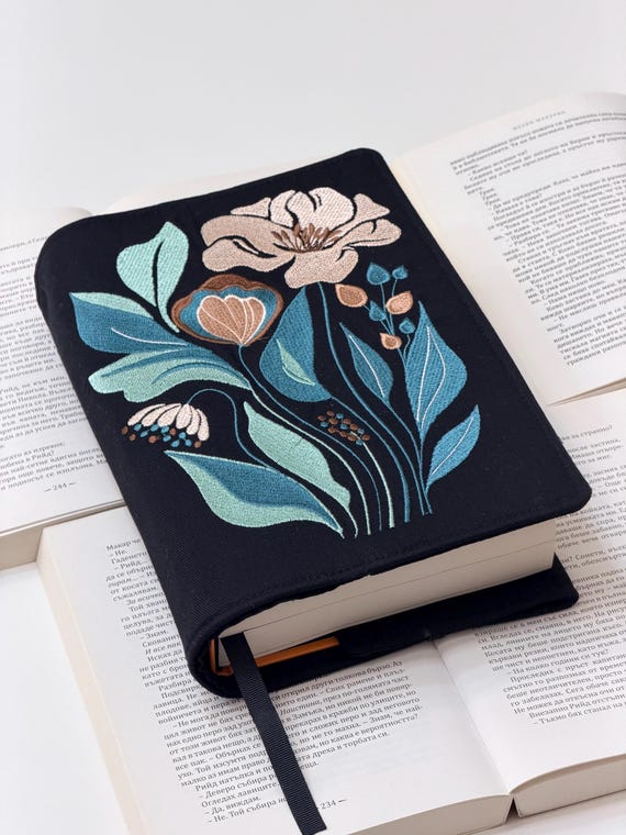 Embroidery Floral Adjustable Book Cover – Elegant Handmade Fabric Protector for Hardcovers