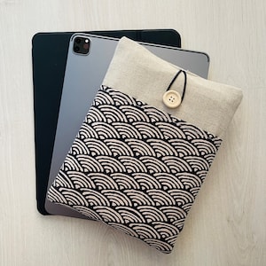 Linen Waves Ipad Cover, Japan Waves Ipad Sleeve, Padded Ipad Case, Ipad Protector, Fabric Tablet Case, Linen Tablet Cover, Tablet Sleeve