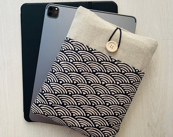 Linen Waves Ipad Cover, Japan Waves Ipad Sleeve, Padded Ipad Case, Ipad Protector, Fabric Tablet Case, Linen Tablet Cover, Tablet Sleeve