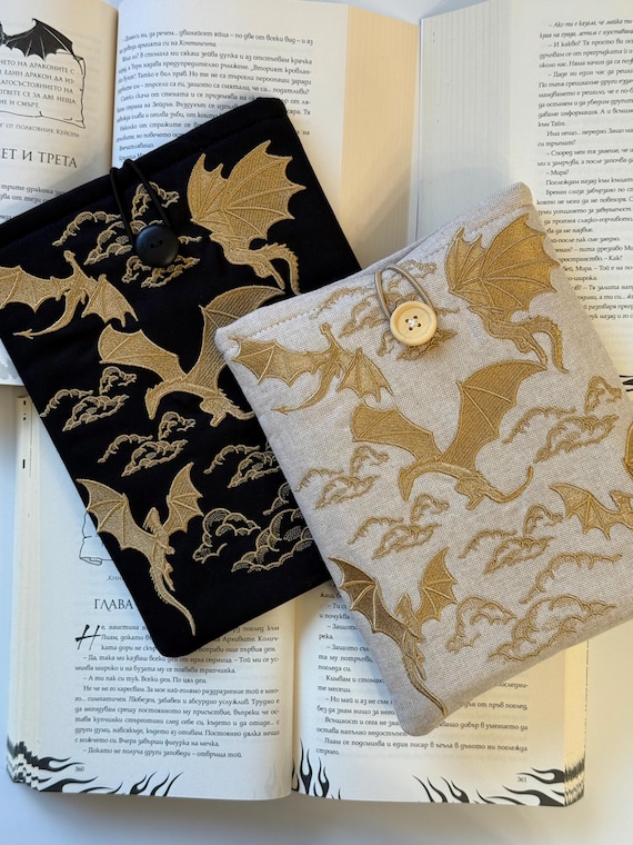 Padded Embroidered Dragons Book Sleeve – Handmade Cover for Books & E-Readers