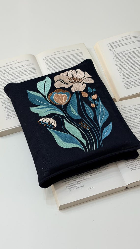 Embroidery Elegant Flower Double Book Cover – Floral Handmade Fabric Protector for Two Books with Elastic Closure