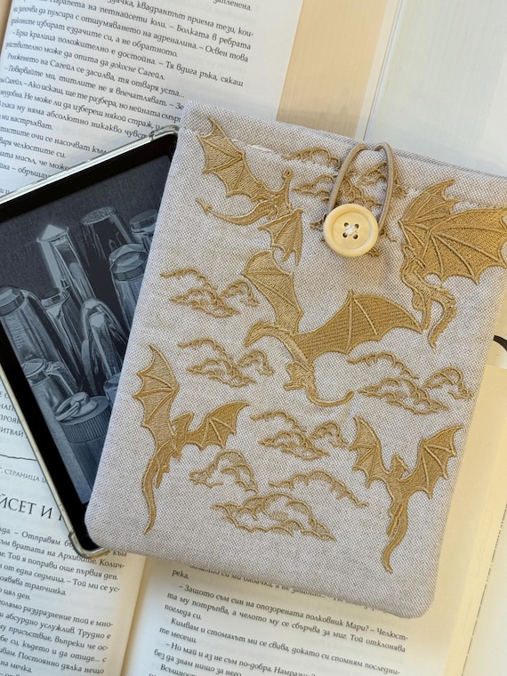 Embroidered Dragons Kindle Sleeve – Padded E-Reader Cover – Handmade Fabric Protector – Fantasy Bookish Gift for Readers