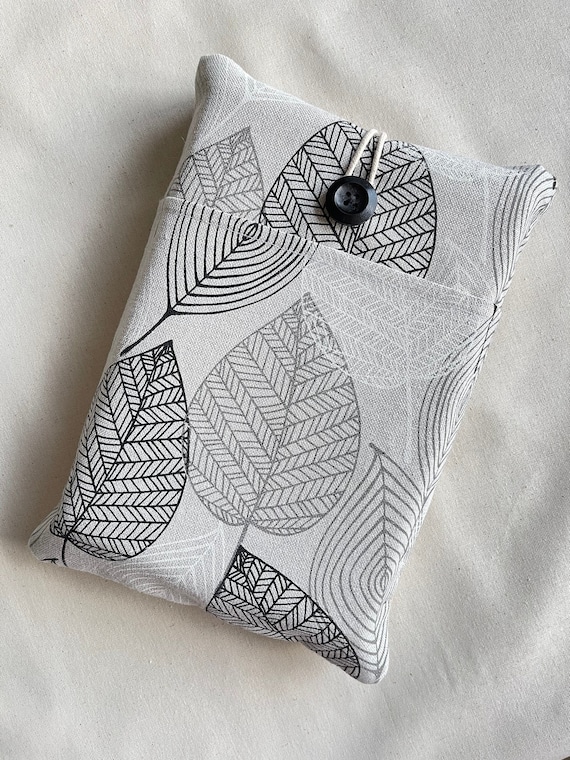 Silver Leaves Book Sleeve, Padded Book Pouch, Linen Book Cover, Fabric Book Protector, Nature Book Case, Book Sleeve With Pocket, Book Bag