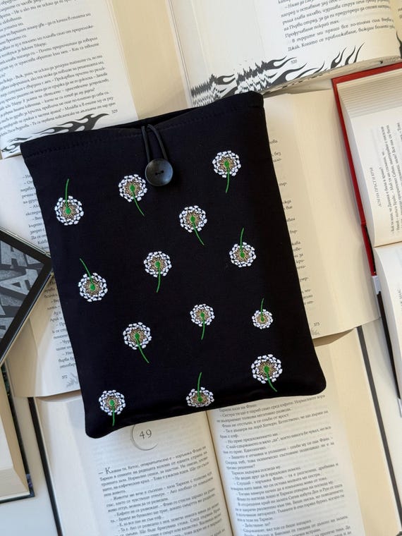 Embroidered Dandelion Book Sleeve – Handmade Padded Fabric Cover – Kindle & Tablet Sleeve – Floral Book Protector – Nature Lover Gift