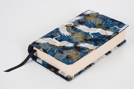 White Crane Fabric Book Cover, Adjustable Padded Book Protector, Custom Size Book Cover, Reading Club Gifts