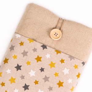 Stars Pattern Linen Book Sleeve – Padded Fabric Cover with Pocket, Handmade Gift for Readers