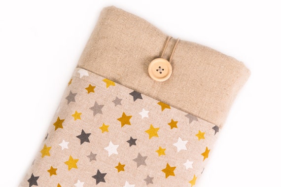Stars book sleeve with Pocket, Linen Stars Fabric Padded Notebook Sleeve, Button Closure Book Cover Custom Size, Graphic Artist Gift,Book