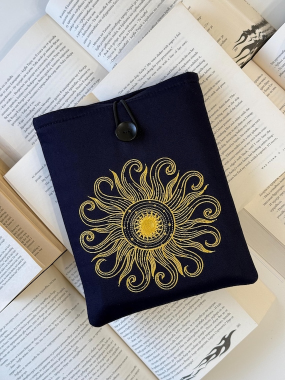 Abstract Sun Embroidery Book Cover, Custom Padded Book Sleeve, Celestial Design with Own Embroidery, Unique Reading Accessory Book Pouch