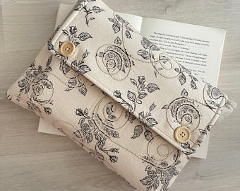 Linen Roses Book Purse, Embroidery Roses Book Cover, Linen Book Sleeve, Padded Book Pouch, Flower Book Jacket, Floral Book Protector, Book