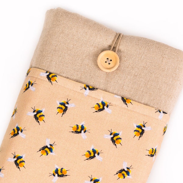 Pochette de livre rembourrée d’abeille avec poche, pochette de cahier rembourrée en tissu de lin, couverture de livre de fermeture de bouton taille personnalisée, cadeau d’artiste graphique, livre