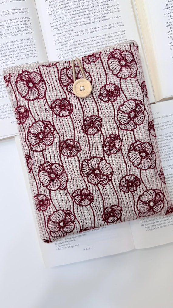 Embroidery Burgundy Poppy Flower Padded Book Sleeve – Handmade Original Design by Lullaby Crafts World