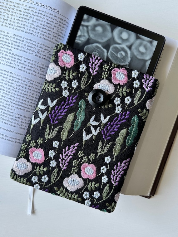 Embroidery New Kindle Paperwhite Sleeve, Padded Kindle Pouch, Fabric Kindle Embroidery Protector, Kindle Oasis Case, Kindle Signature Cover
