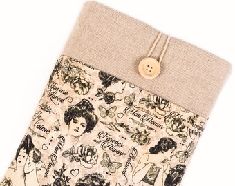 Retro Art Faces Book Sleeve - Handmade Padded Fabric Cover