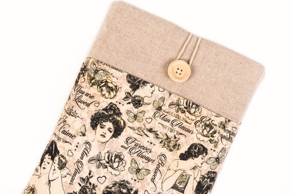 Linen Padded Book Sleeve, Vintage Book Protector, Vintage Faces Book Jacket,Book Sleeve With Pocket, Custom Book Pouch, Book Lover Gift
