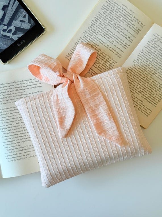 Bow Book Sleeve, Pink Embossed Book Cover, Knitting Pattern Book Jacket, Padded Bow Book Protector, Travel Book Accessories, Book Lover Gift