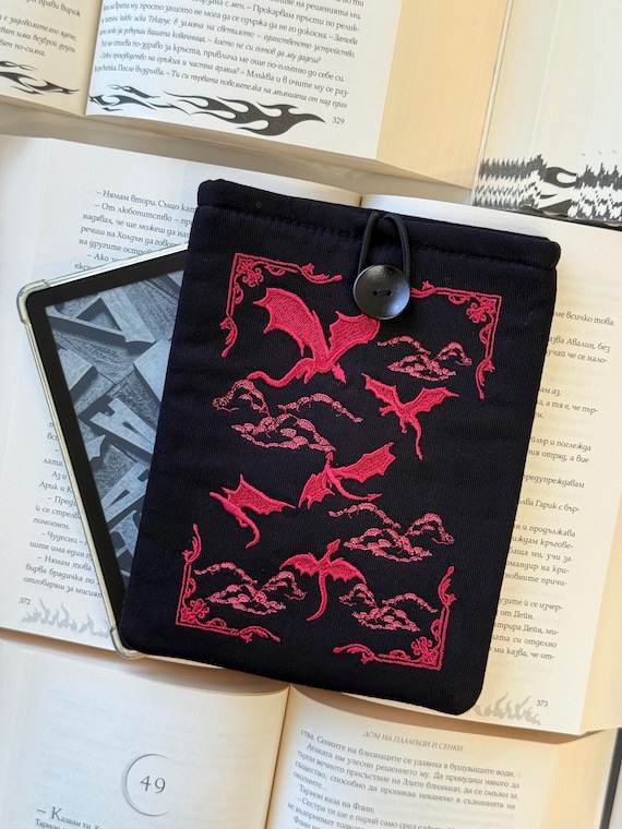 Dark Pink Dragon Embroidery Padded Kindle Sleeve | Dragon Embroidery Kindle Case | Flying Dragons Kindle Pouch| Dragon Designer Embroidery