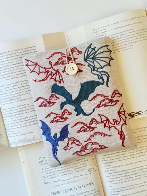 Embroidery Flying Dragons Book Sleeve, Padded Embroidered Book Protector, Dragons War Book Cover, Travel Book Pouch with Button Closure