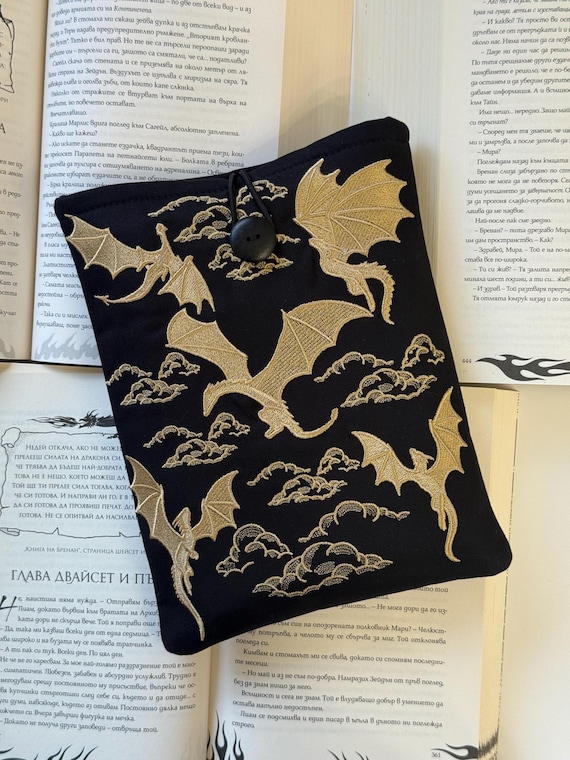 Dragons Book Sleeve – Embroidered Padded Fabric Cover, Handmade Gift for Readers