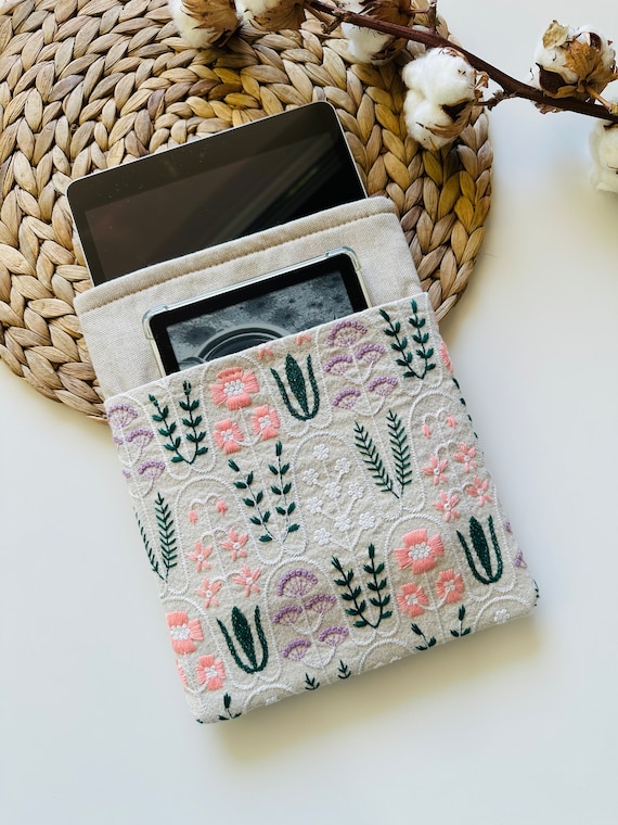 Embroidered Flowers IPad Fabric Cover, Padded IPad Sleeve with Two Pockets for Accessories, Fabric Tablet Protector, IPad Accessories