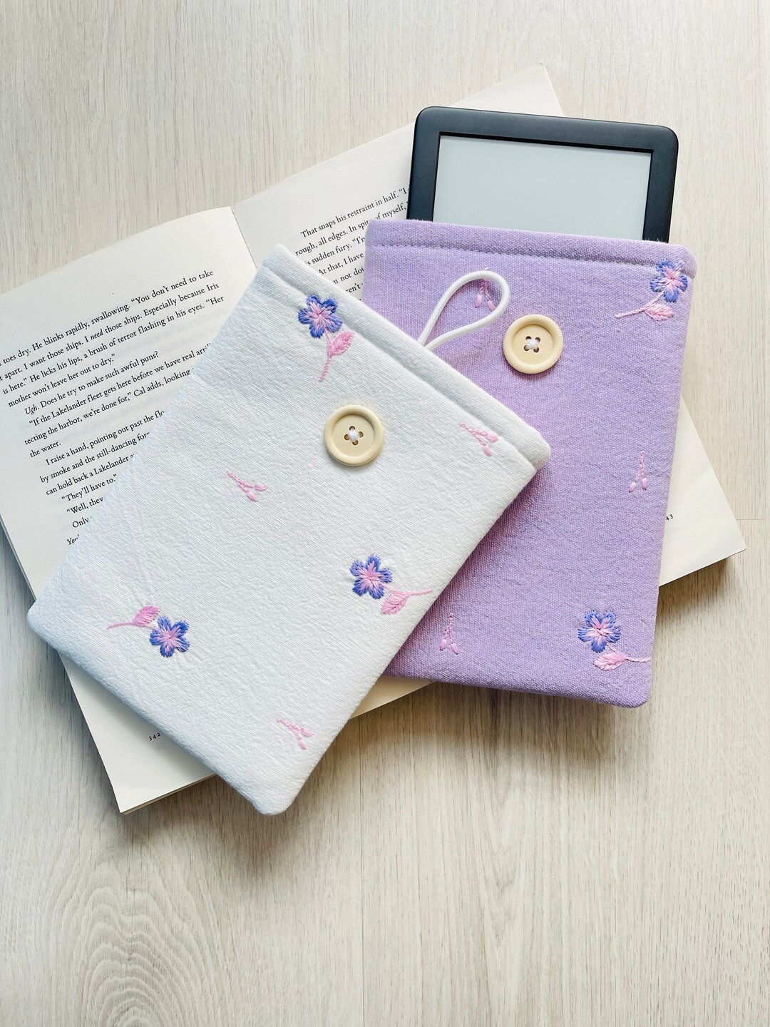 Purple and White Embroidered Flower Kindle Sleeve, Kindle Paperwhite ...