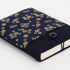 Japan Flower Book Sleeve, Gold Floral Book Cover, Navy And Gold Book Protector, Padded Flower Book Pouch, Gold Notebook Cover, Bookworm Gift