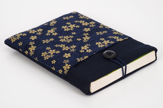 Japan Flower Book Sleeve, Gold Floral Book Cover, Navy And Gold Book Protector, Padded Flower Book Pouch, Gold Notebook Cover, Bookworm Gift