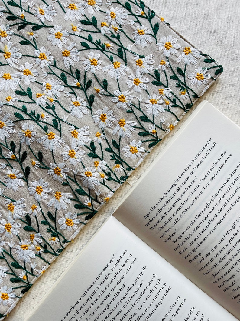 Embroidered Book Cover, Daisies Book Pouch, Custom Size Book Jacket, Adjustable Book Protector, Padded Book Cover, Book Lover Gift image 3