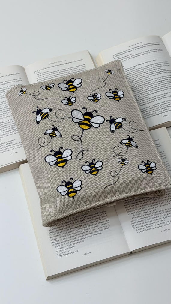 Embroidery Bee Double Book Cover – Handmade Padded Sleeve for Two Books with Elastic Closure
