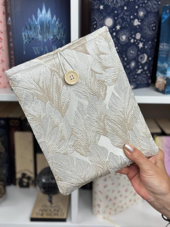 Elegant Gold Leaves Book Sleeve, Padded Gold Beige Book Protector, Book Accessories, Book Cover with Button Closure, Book Lover Gift