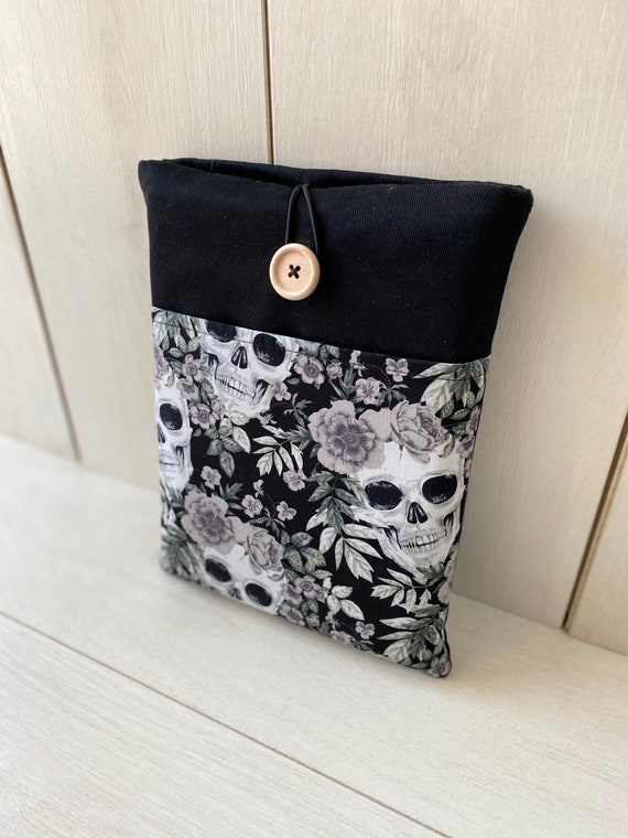 Sugar Skulls Book Sleeve, Padded Book Protector, Skeleton Book Pouch, Fabric Book Purse, Black Book Cover, Abstract Skeleton Book Bag