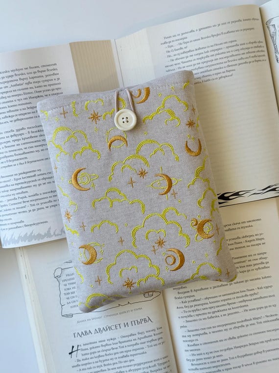 Embroidery Celestial Book Sleeve, Moon & Stars Book Cover, Sky Book Protector, Padded Book Pouch, Embroidery Book Jacket with Button Closure