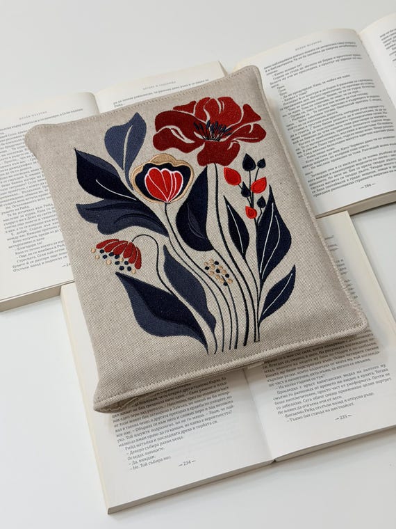 Embroidery Elegant Flower Double Book Cover – Floral Handmade Fabric Protector for Two Books with Elastic Closure