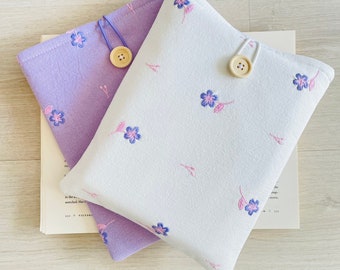 Purple and White Flower Embroidered Book Sleeve, Embroidery Padded Book Protector, Floral Book Pouch, Floral Book Cover, Book Lover Gift