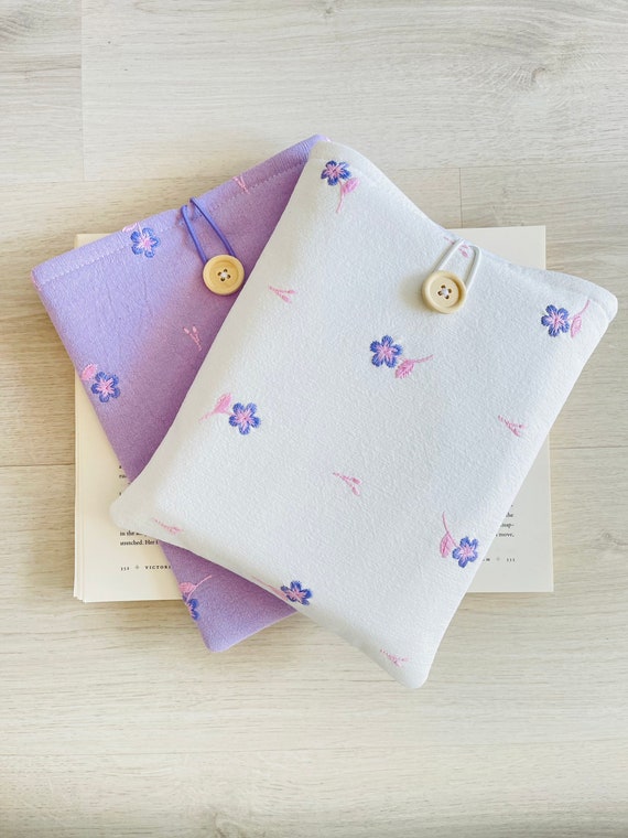 Purple and White Flower Embroidered Book Sleeve, Embroidery Padded Book Protector, Floral Book Pouch, Floral Book Cover, Book Lover Gift