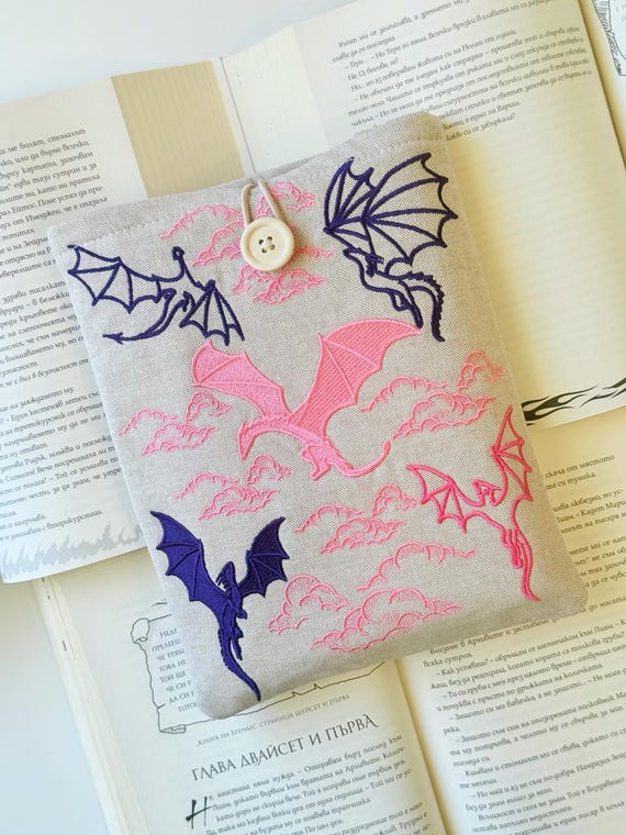 Embroidery Flying Dragons Book Sleeve, Padded Embroidered Book Protector, Dragons War Book Cover, Pink & Purple Dragon Book Jacket, Bookish