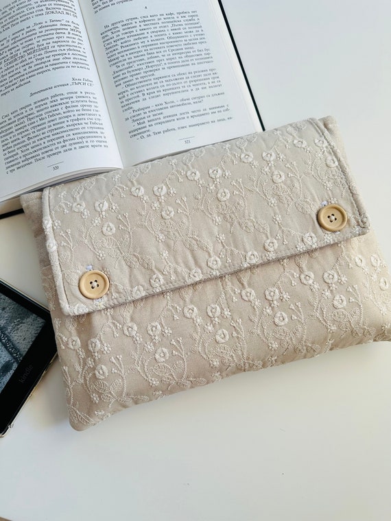 Embroidery Flower Book Purse, Beige Embroidery Book Pouch, Linen Book Sleeve, Padded Book Cover, Flower Book Jacket, Floral Book Protector