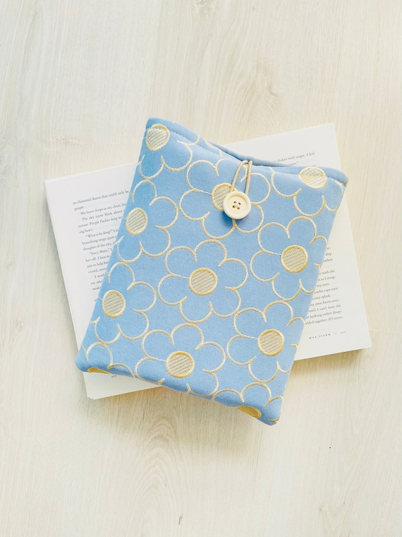 Gold Flower Embroidered Book Sleeve, Embroidery Padded Book Protector, Baby Blue Gold Floral Book Pouch, Gold Floral Book Cover, Book Jacket