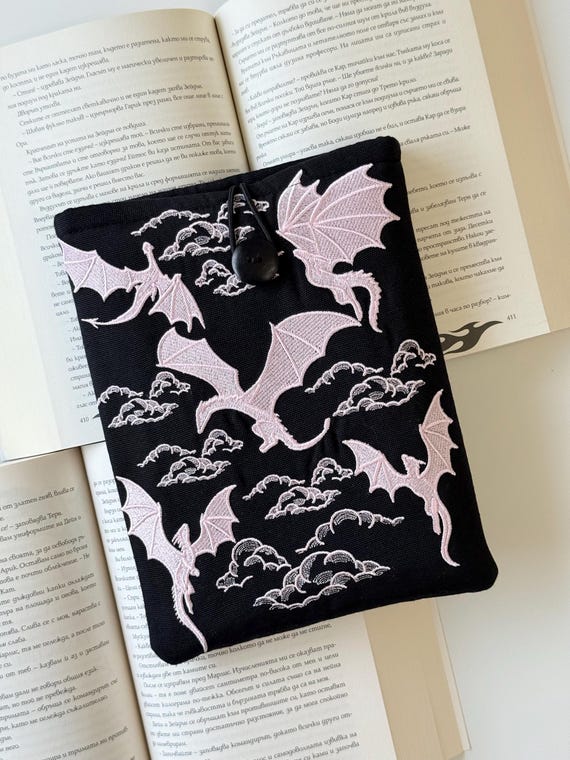 Embroidery Flying Dragons Book Sleeve, Padded Embroidered Book Protector, Pink Dragons War Book Cover, Travel Book Pouch with Button Closure