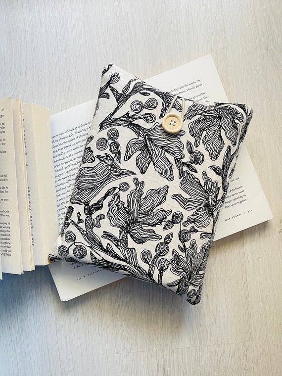 Abstract Flowers Book Sleeve, Chic Flower Book Pouch, Retro Bird Book Bag, Quirky Bird Book Protector, Padded Cover for Books, Bookish Gift