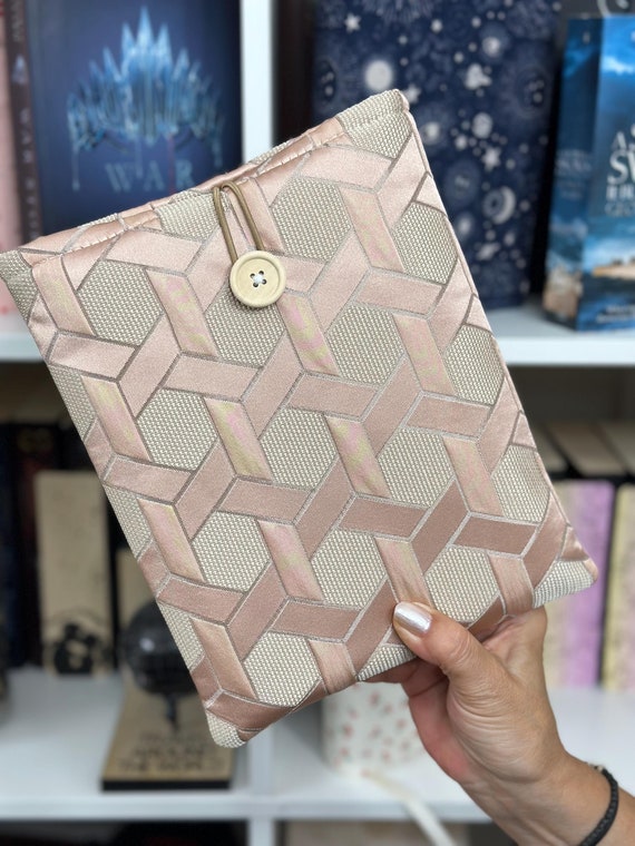 Elegant Pink Gold Abstract Book Sleeve, Padded Gold Pink Book Protector, Book Accessories, Book Cover with Button Closure, Book Lover Gift