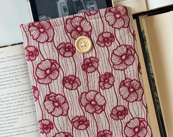 Embroidery Poppy Flowers Kindle Sleeve – Handmade Padded Fabric Cover, Protective Case for E-Readers & Tablets