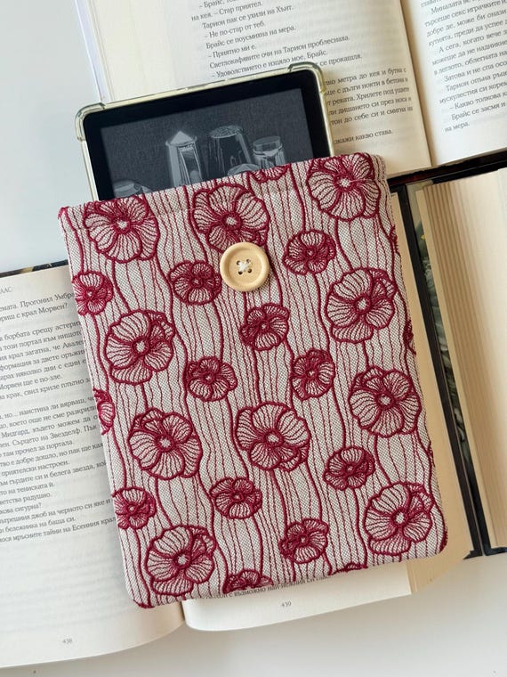 Embroidery Poppy Flowers Kindle Sleeve – Handmade Padded Fabric Cover, Protective Case for E-Readers & Tablets