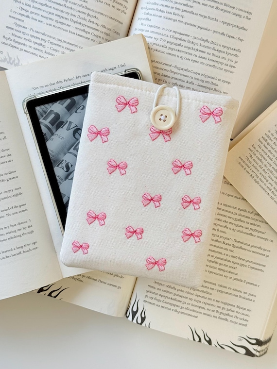 Pink Ribbons Embroidery Padded Kindle Sleeve | E-Reader Case | Protective Cover | Padded Embroidery E-Reader Pouch | Designer Embroidery