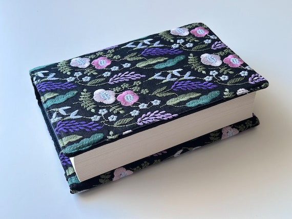 Embroidery Flower Book Cover, Padded Book Protector, Flower Book Pouch, Adjustable Book Jacket, Floral Book Sleeve, Book Accessories.