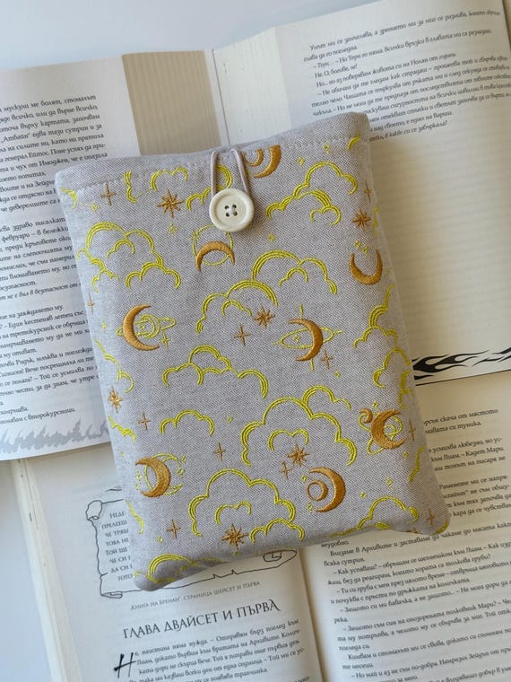 Celestial Padded Book Sleeve – Handmade Embroidery Book Cover – Stars & Moon Fabric Book Protector – Kindle and E-Reader Sleeve