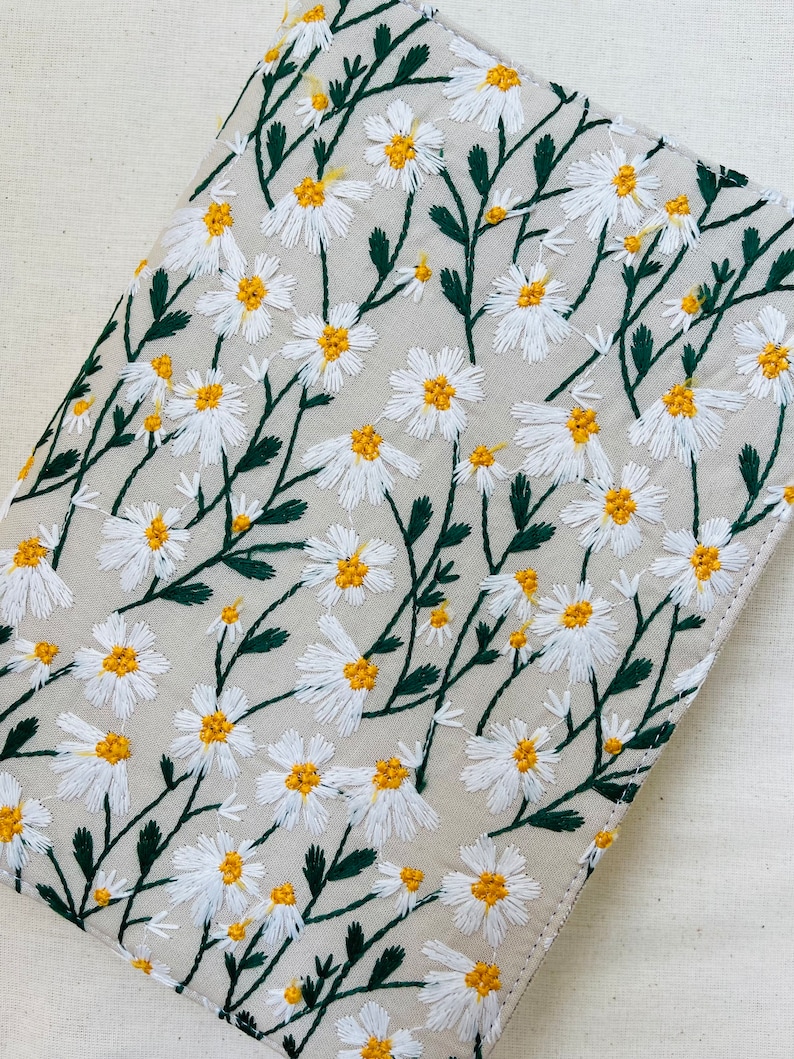 Embroidered Book Cover, Daisies Book Pouch, Custom Size Book Jacket, Adjustable Book Protector, Padded Book Cover, Book Lover Gift image 5